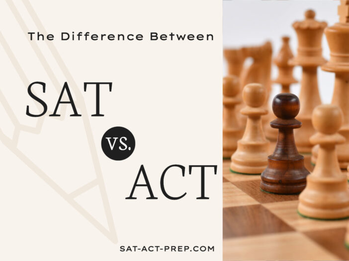 A graphic for a blog post entitled "The Difference Between the ACT and SAT." On a chessboard, one darker piece sits among the lighter pieces.